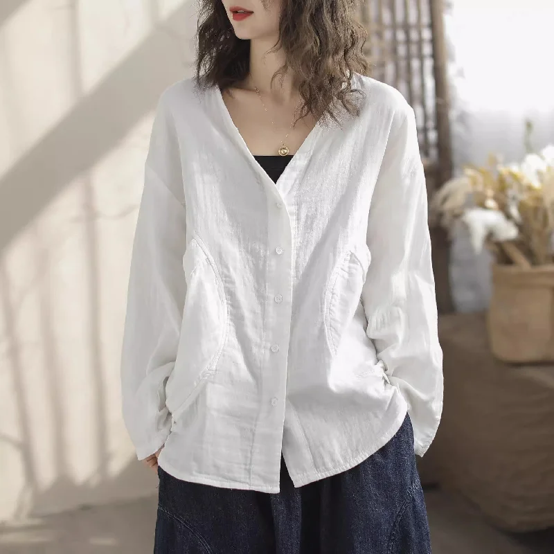 Women Spring Casual V-Neck Cotton Loose Blouse