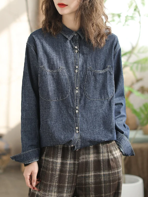 Women Spring Casual Long Sleeve Cotton Denim Blouse