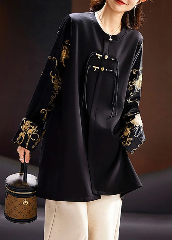 New Black O-Neck Printed Silk Velour Patchwork Top Long Sleeve