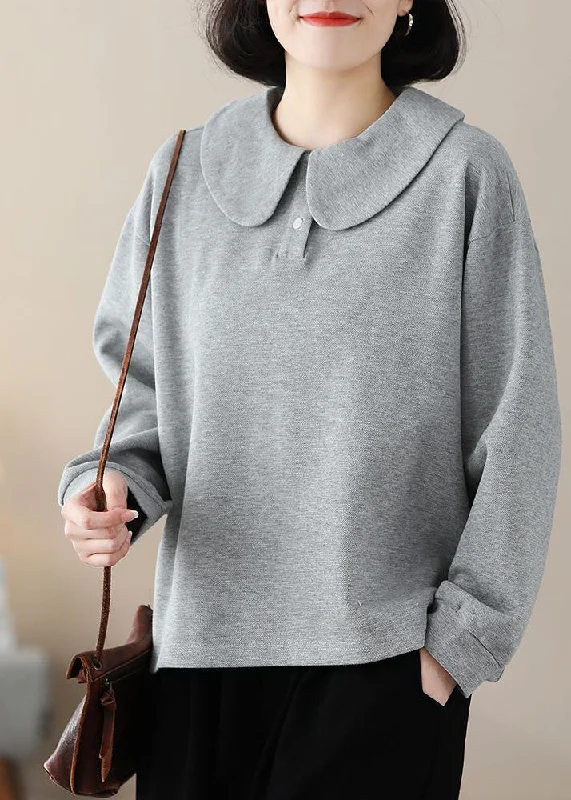 Boutique Grey Peter Pan Collar Flatering Cotton Shirt Spring