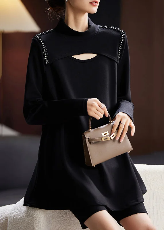 Women Black Zircon Hollow Out Cotton T Shirts Long Sleeve