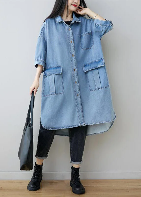 Classy Denim Blue Oversized Pockets Cotton Long Shirts Bracelet Sleeve