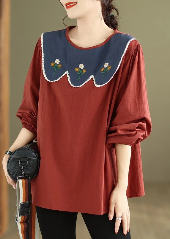 Women Rust Embroideried Patchwork Cotton Top Fall