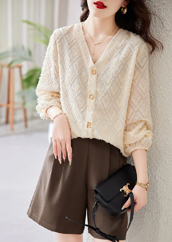 Women Beige V Neck Letter Cotton Blouses Spring