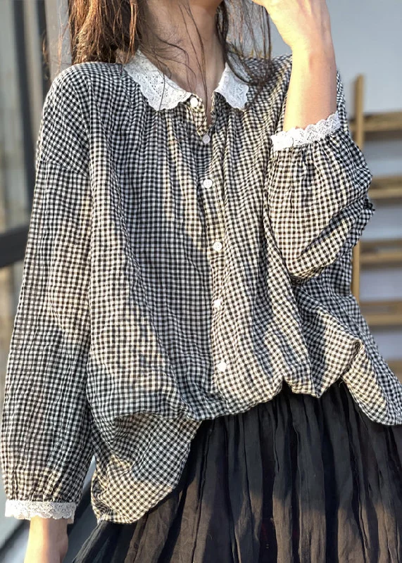 French Plaid Peter Pan Collar Lace Patchwork Cotton Shirt Fall