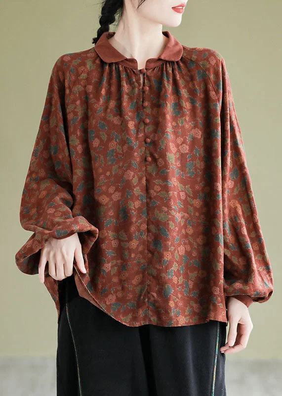 Art Red Peter Pan Collar Print Top Lantern Sleeve