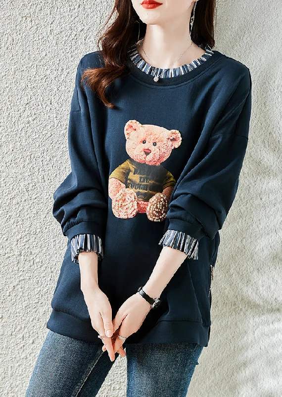 Navy Patchwork Warm Fleece Sweatshirt Bear Print Nail Bead Winter