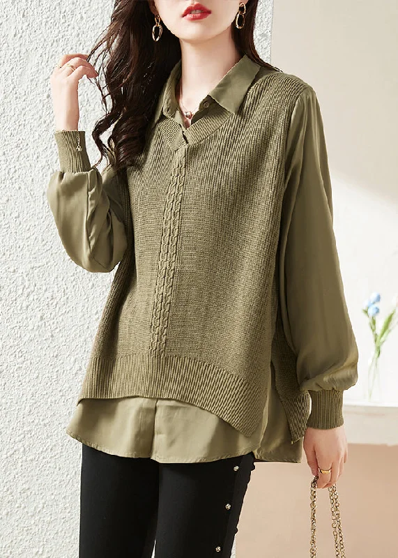 Fine Blackish Green Peter Pan Collar Patchwork Knit Shirt Spring