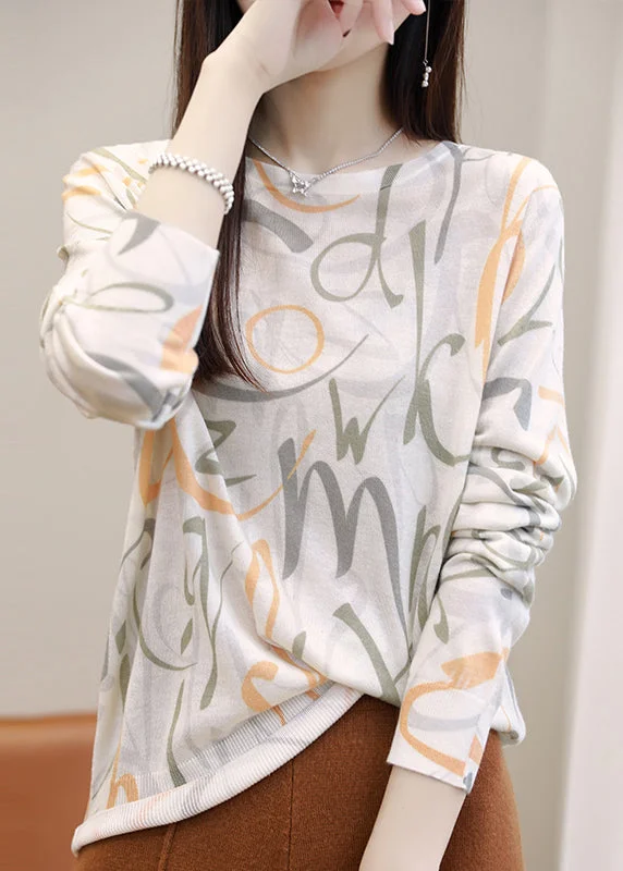 Simple Graphic O Neck Print Silk Cotton Top Spring