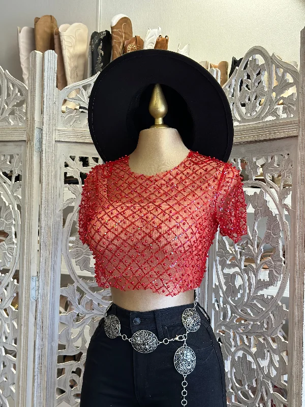 Red Mesh Rhinestone Top