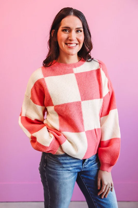 Cora Checkered Sweater-Coral