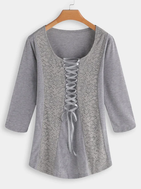 Custom Scoop Neck Lace Lace-Up 3/4 Sleeve Grey T-Shirts