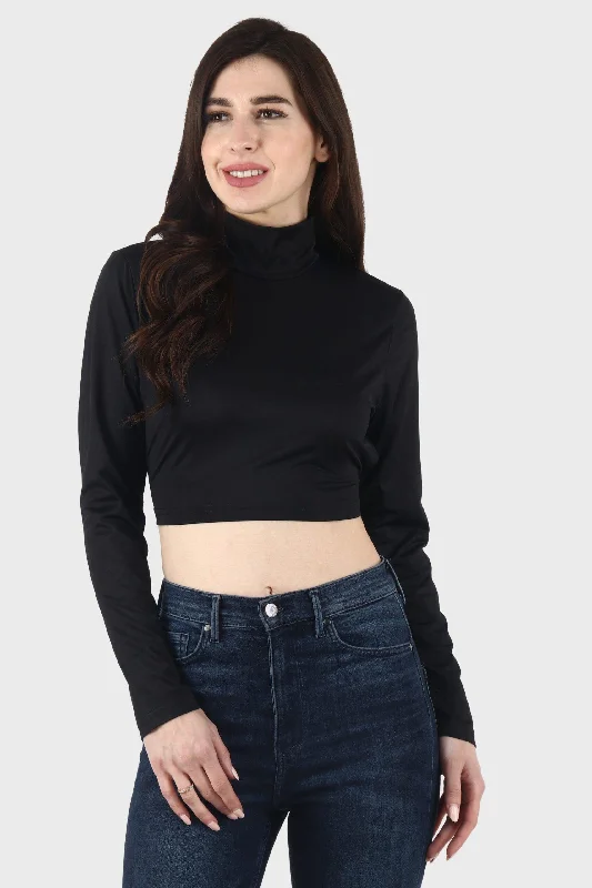 Black Solid Backless Tie Top with Long Sleeves