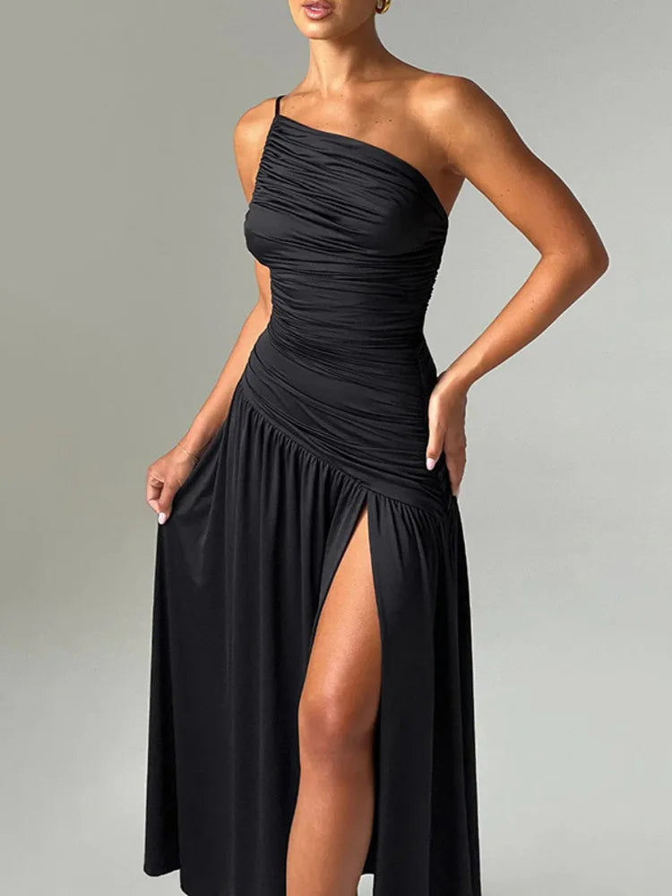 A&A High Split One Shoulder Strap Backless Maxi Dress