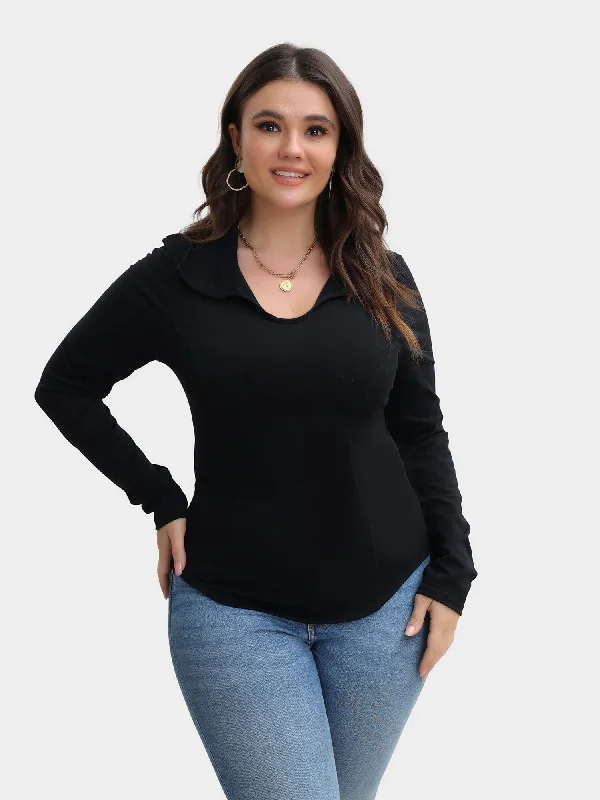 Midsize Long Sleeve Curved Hem V-Neck Top