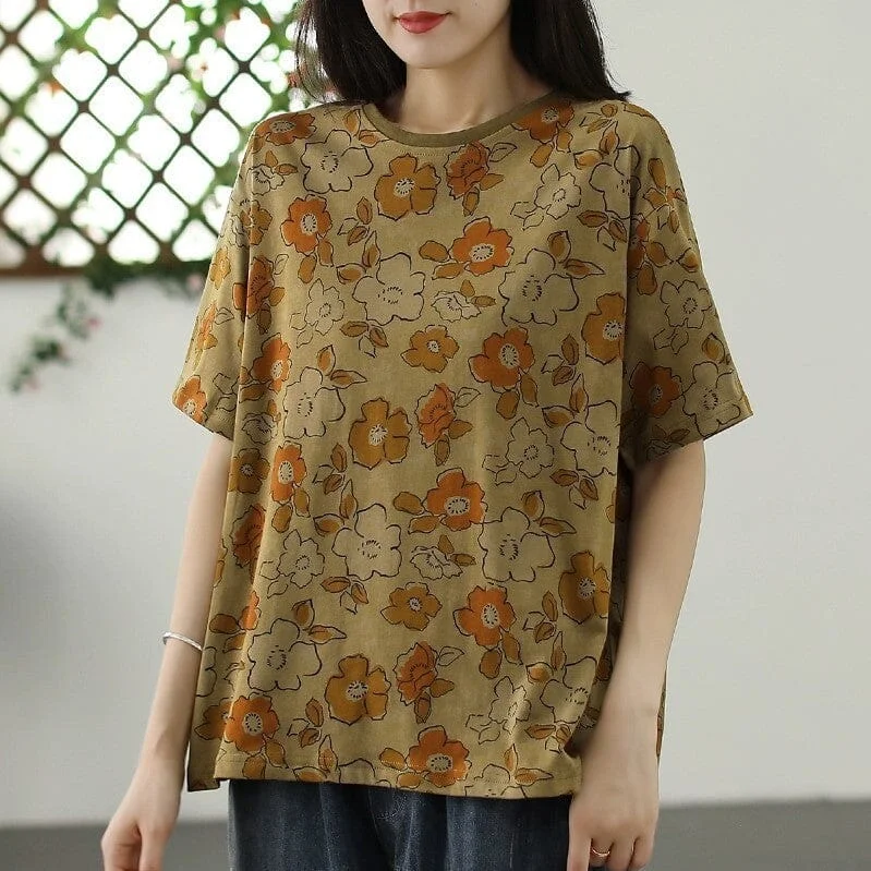 Women Summer Casual Floral Cotton T-Shirt