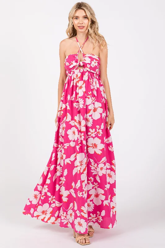 Fuchsia Floral Halter Neck Maxi Dress