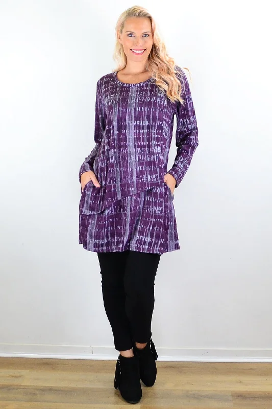 Purple Grey Lines Print Tunic Top