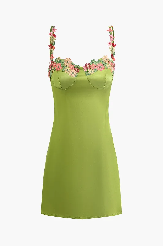 A&A Embroidery Floral Satin Spaghetti Strap Slip Mini Dress