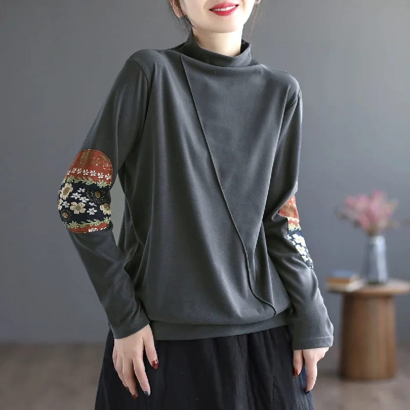 Women Autumn Retro Patchwork Long Sleeve T-Shirt