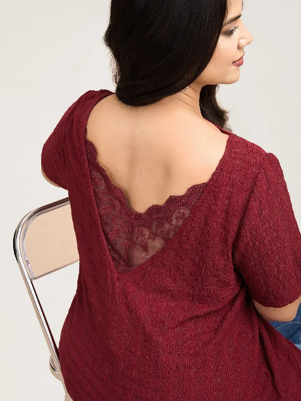 Textured Back Lace Cut-Out Stretchy T-Shirt