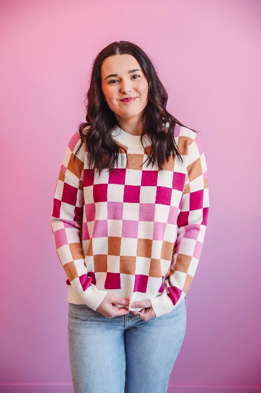 Josie Checkered Sweater-Pink