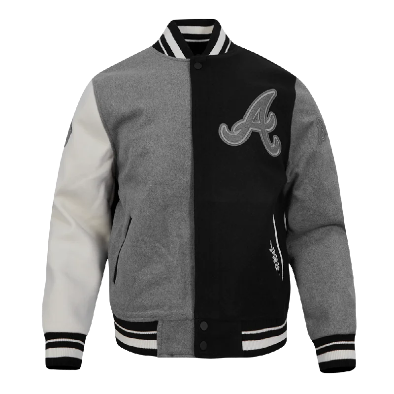 MLB ATLANTA BRAVES REVERSE FRENCH TERRY MEN'S COLOR BLOCK WOOL VARSITY JACKET (BLACK/GRAY/EGGSHELL)