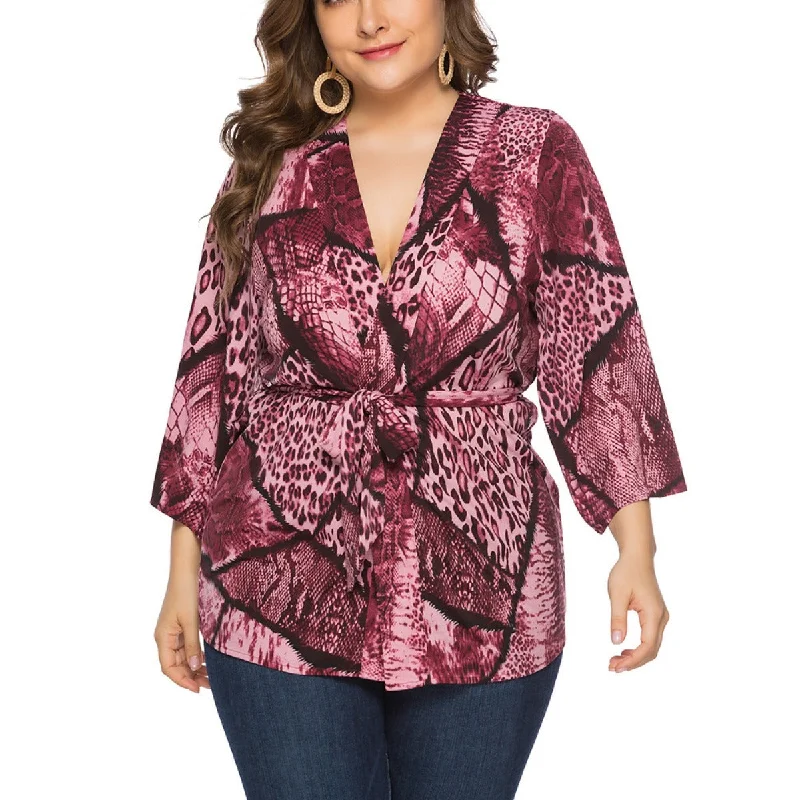 Wholesale Plus Size Clothing Loose Snake Print Cardigan Tie Top