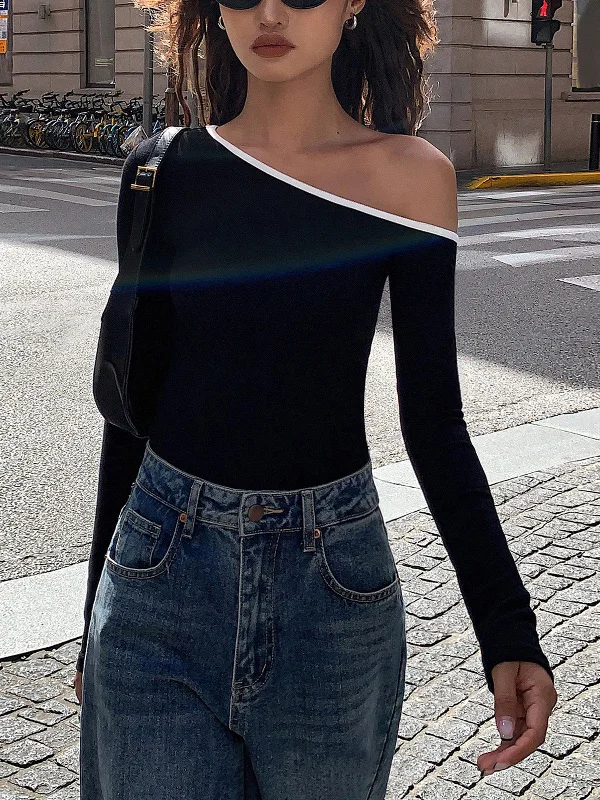 TastyHottie - Contrast Trim Off Shoulder Long Sleeve Shirt