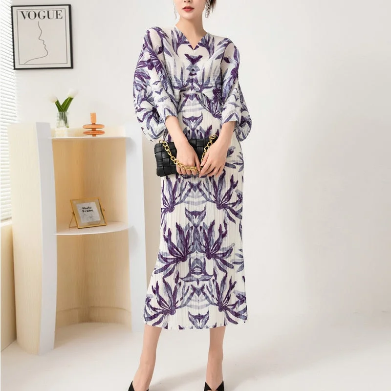 Miyake Pleated Printed Batwing Sleeve Midi Dress