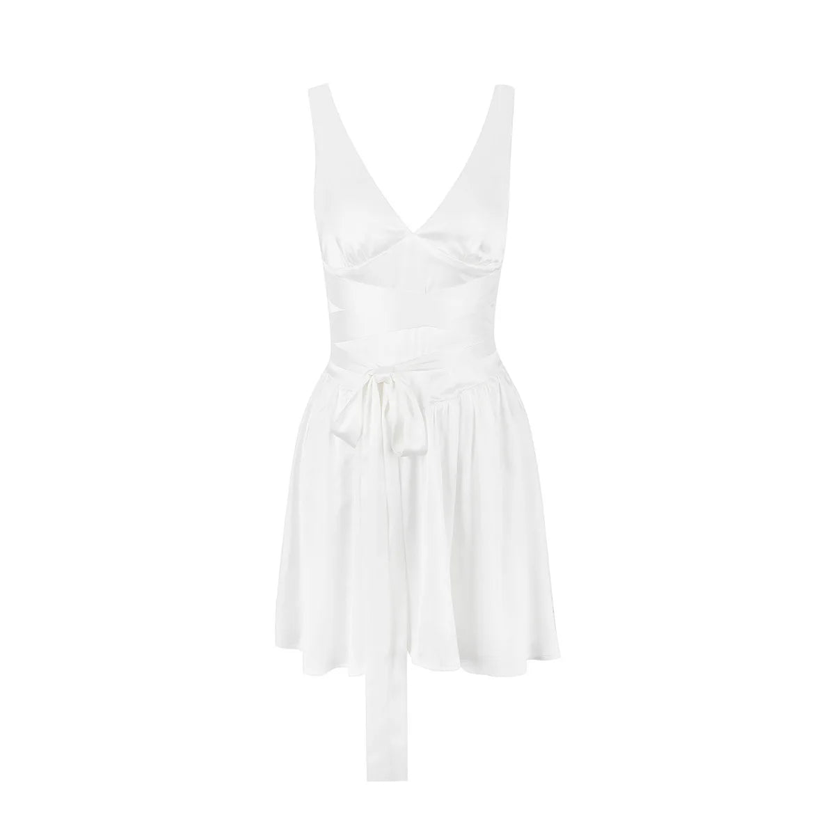 A&A White Satin Summer V Neck A Line Mini Dress