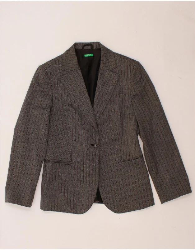 BENETTON Womens 1 Button Blazer Jacket IT 42 Medium Grey Striped Viscose