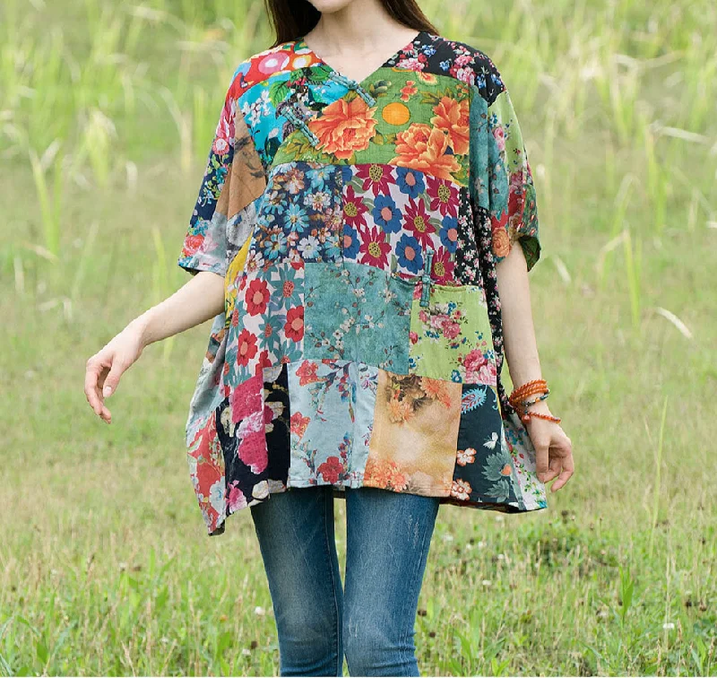 Women Summer Floral Printed Cotton Linen T-shirt