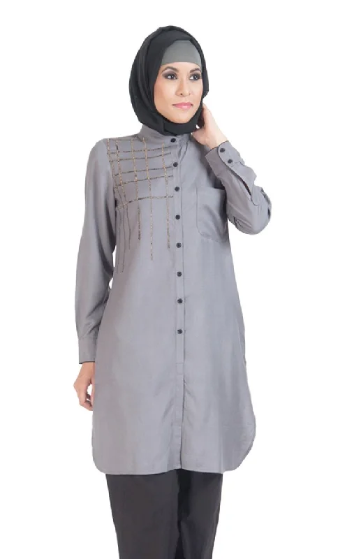 Grey Designer Hand Embroidered Beadwork Rayon Shirt