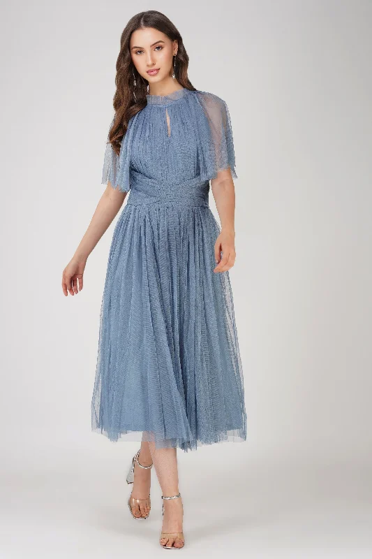 Cristiane Dusty Blue Tulle Midi Dress