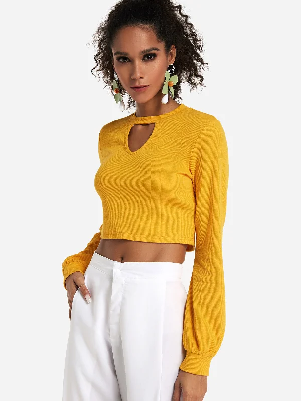 Custom Crew Neck Plain Hollow Long Sleeve Yellow T-Shirts