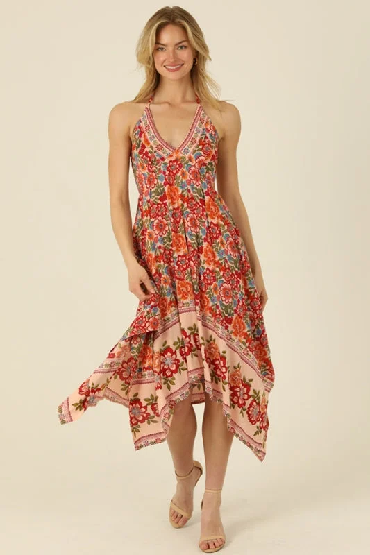 Angie Sonia Floral Halter Handkerchief Dress - Bisque