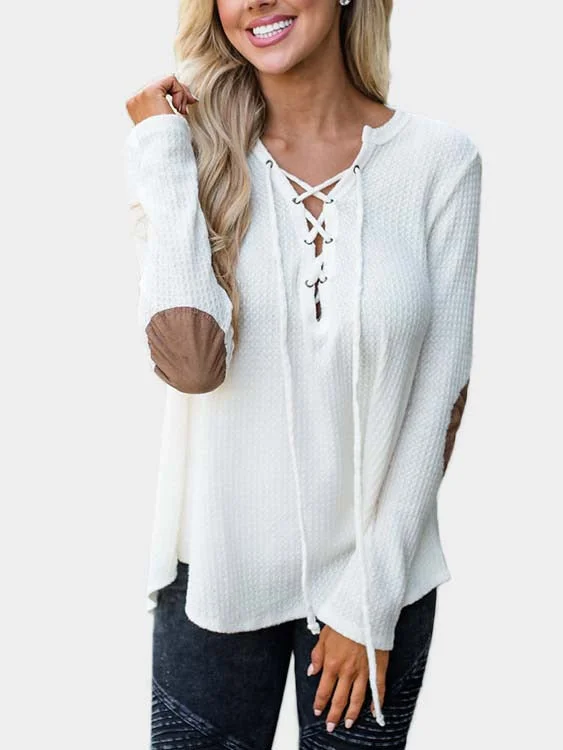 Custom V-Neck Lace-Up Long Sleeve White T-Shirts