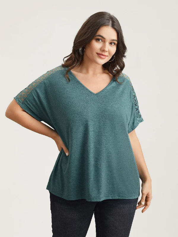 Lace Sleeve V-Neck T-Shirt