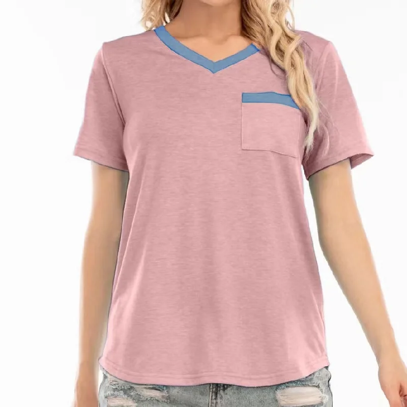 V-Neck Contrast Patchwork Short-Sleeved Women's Pocket T-Shirt Wholesale Womens Clothing N3823071200068