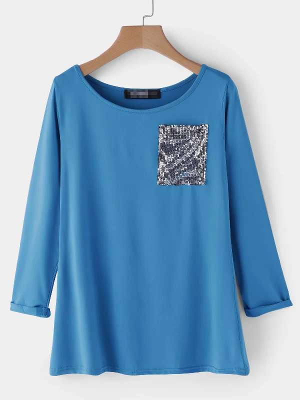 Custom Round Neck Slit Long Sleeve Blue T-Shirts