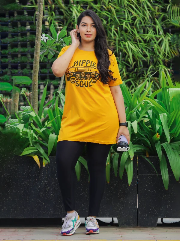 Mustard Yellow Printed Long T-Shirt for Women Crafted for Style