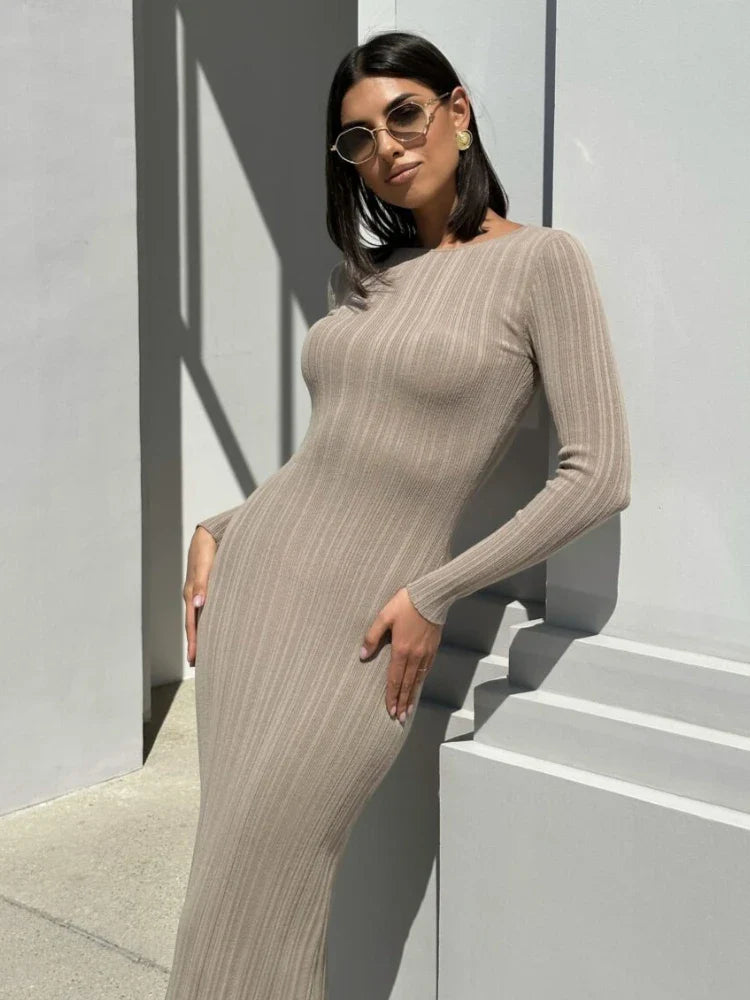 Autumn Long Sleeve Knitted Elegant Geometric Printed Bodycon Maxi Dress