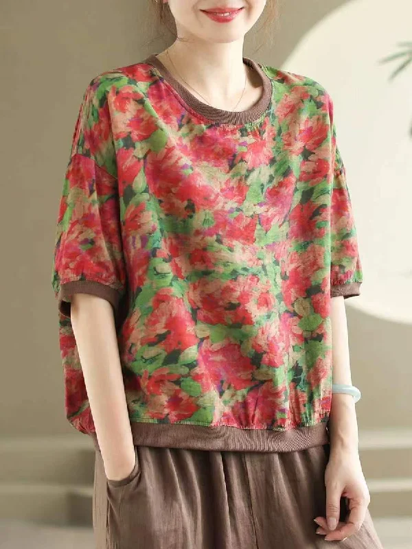 Women Summer Linen Retro Floral Printed T-shirt