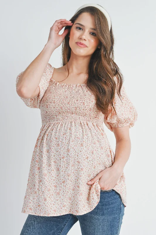 Floral Puff Sleeve Smocked Maternity Top