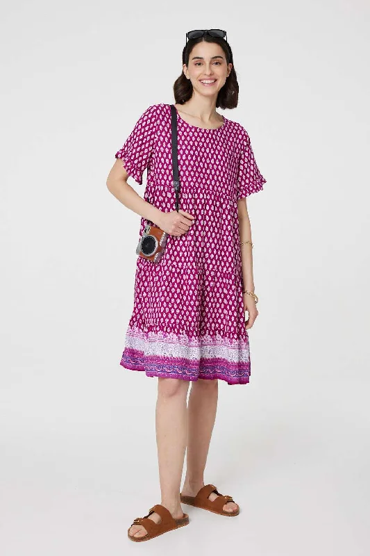 Printed Short Sleeve Tiered Smock Dress