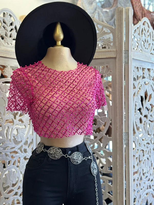 Pink Mesh Rhinestone Top