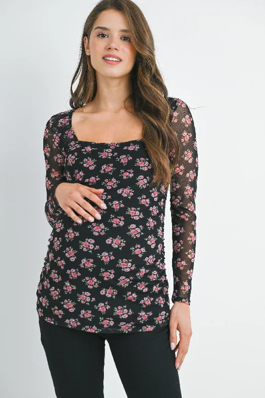 Floral Sheer Sleeve Square Neck Maternity Top