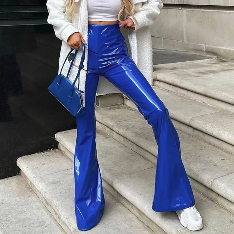 Women Slim Flar Long Leather Trousers