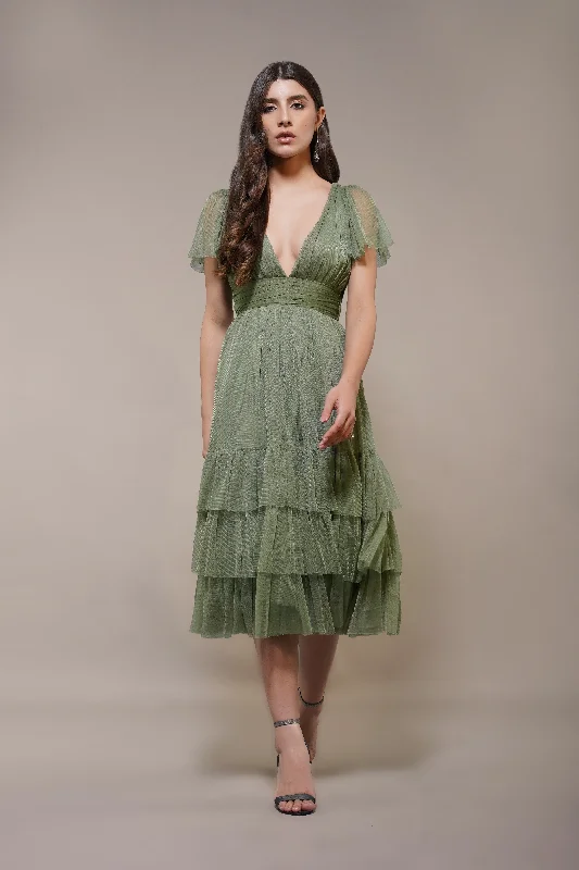 Madison Soft Olive Tulle Bridesmaid Midi Dress